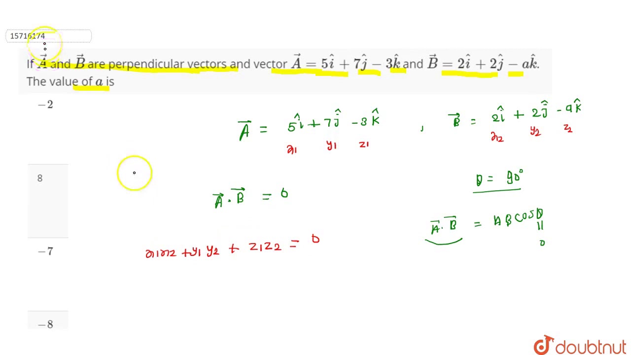 If `vecA` and `vecB` are perpendicular vectors and vector `vecA=5hati+7hatj-3hatk` and