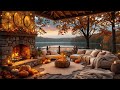 Cozy Fall Café by the Peaceful Cabin Lake 🍂 Smooth Jazz with Fireplace for Stress Relief & Relaxing