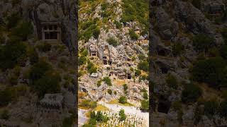 Vertical video. Demre, Turkey. Ancient Greco-Roman amphitheater stage with view of dramatic Lycia...