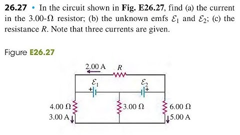 In the circuit shown in , find (a) the current in the 3.00- resistor; (b) the unknown emfs and ; (c)