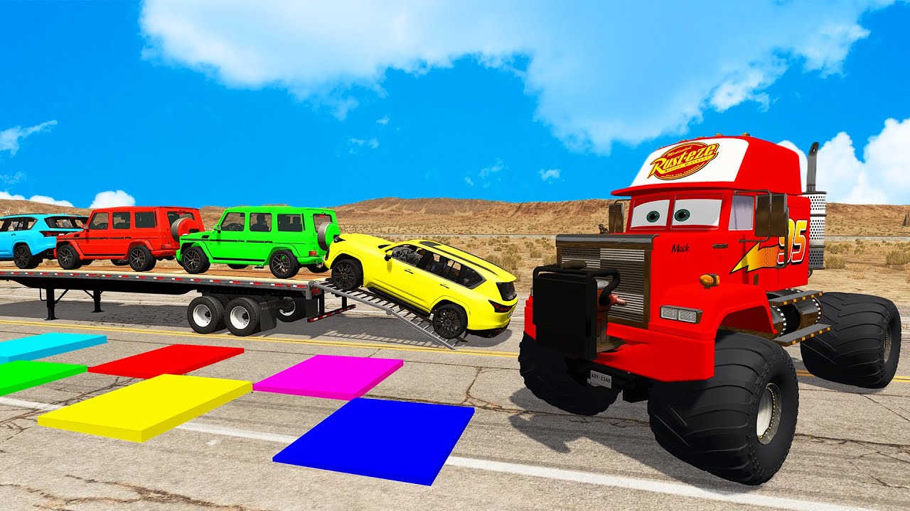 Triple Flatbed Trailer McQueen Transportation with Truck - Speedbumps vs Cars vs Train - BeamNG #20