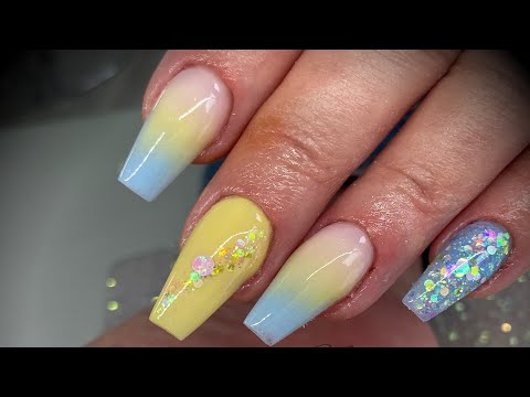 Acrylic nails - blue & yellow pastel design set