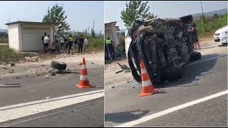 Goma në rrugë e makina e permbysur/ Aksidenti rëndë në Thumanë