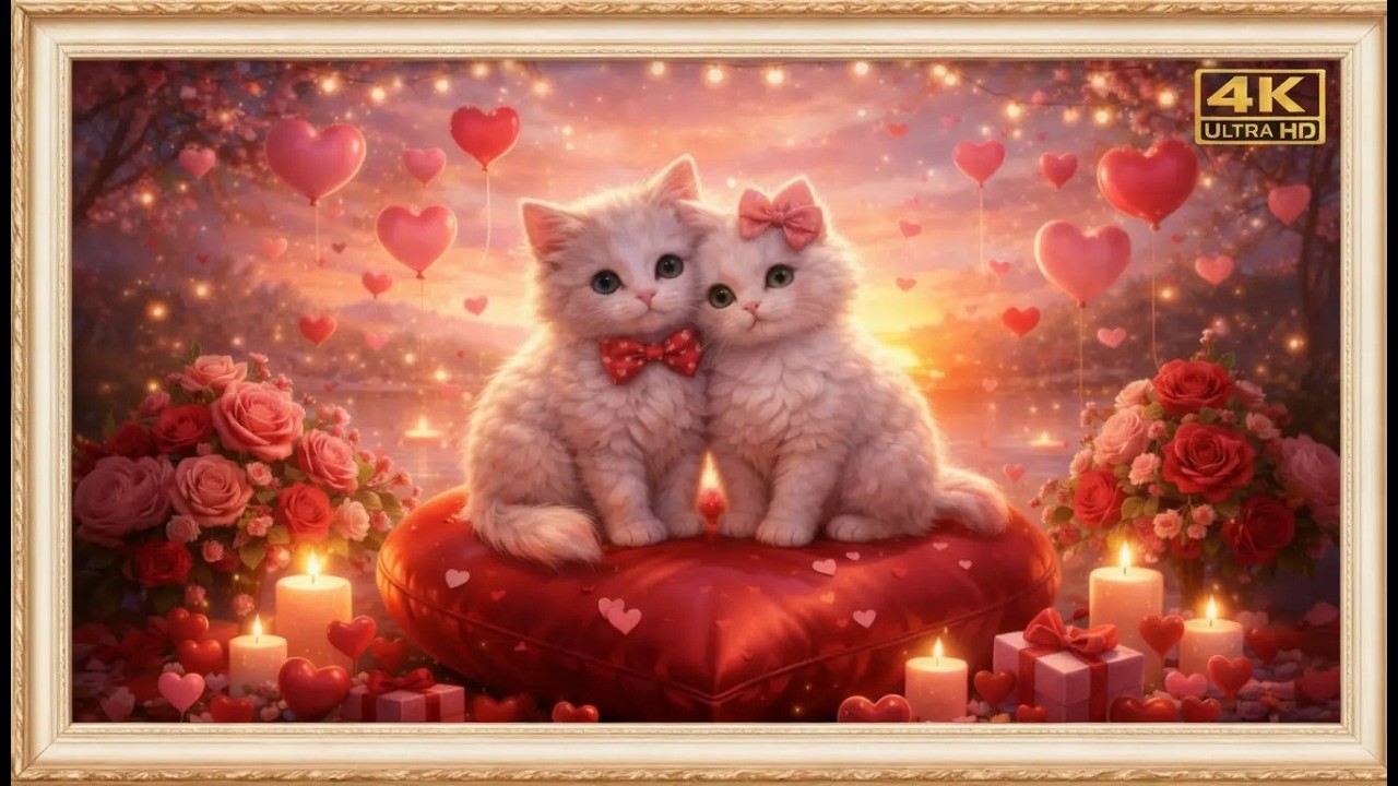 Valentine's Day Love Kittens Cozy Ambient Art  Elegant TV Frame  4k Art TV for you TV 2H