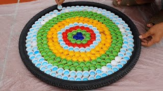 Share Details on How to make a Unique Garden Coffee Table from 1000 Bottle Caps / Cement and Tires/