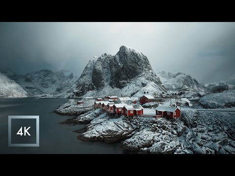 Snowfall in The Lofoten Islands, Norway, Nature Sounds for Sleep, Hamnøy and Reine | 4K