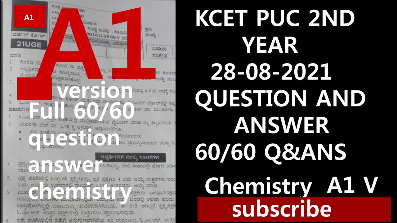 KCET  puc 2nd year chemistry A1version key answer 2021||k-cet chemistry 29-08-2021 key answers.
