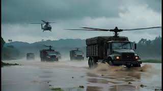 Military Convoy Pushes Through Floodwaters as Helicopters Support Rescue Operations