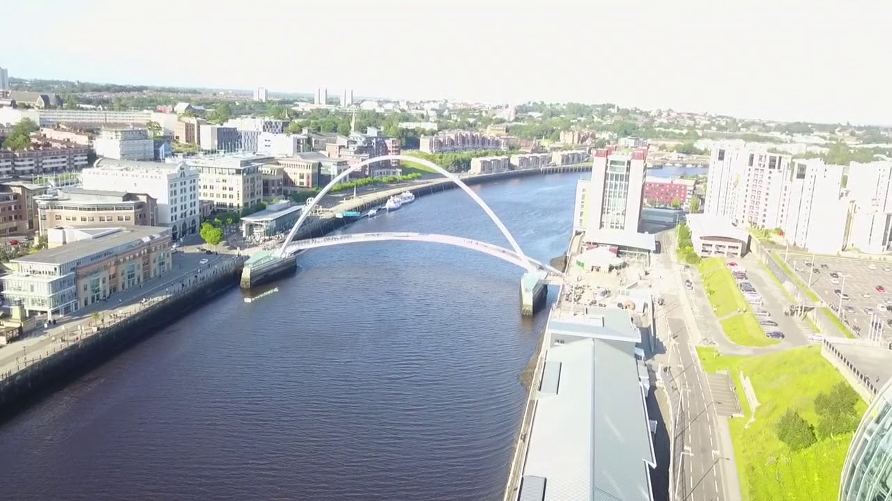 Quayside and Tyne Bridge with 2017 Great North Run sign using Mavic Pro:
