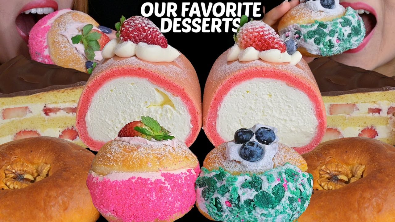 ASMR OUR FAVORITE FANCY DESSERTS! GIANT CREAM ROLL CAKES, CHOCOLATE GLAZED CAKES, CREAM DONUTS 먹방