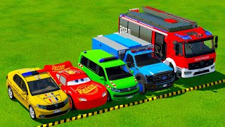 DACIA, MCQUEEN CAR, FORD POLICE CARS, AMBULANCE EMERGENCY TRANSPORTING WITH TRUCKS ! FS22 screenshot 4