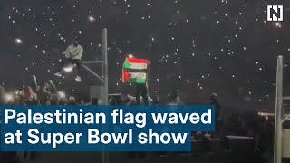 Protester waves Palestinian and Sudanese flags during Kendrick Lamar’s Super Bowl performance