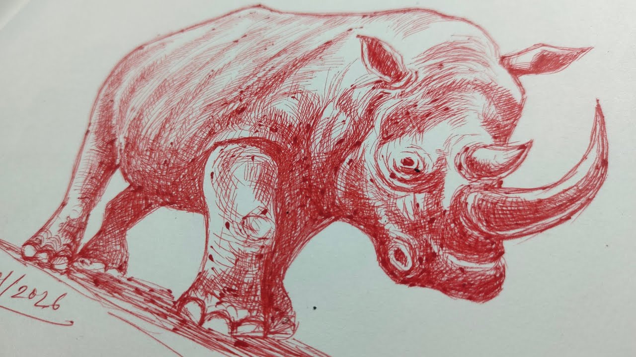 Rihno red pen drawing sketch trending animal artuniq tribal cute amazing art painting works