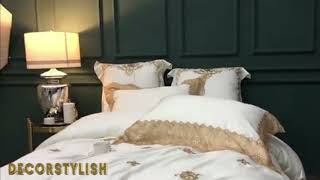 French White Embroidery Golden Lace Bedding Set ( Best Duvet Covers, King Duvet Covers, )