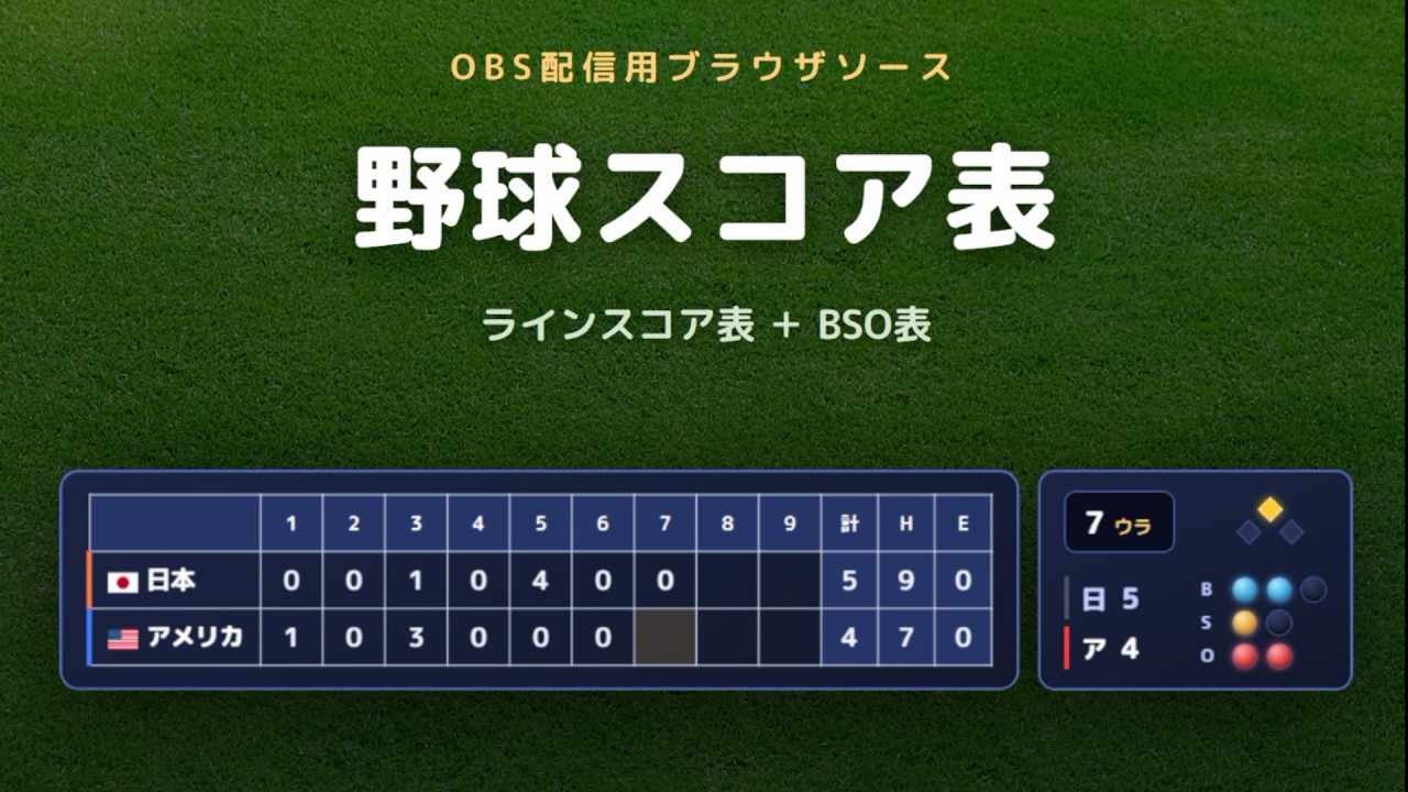 【OBS配信素材】野球同時視聴用スコア表（ラインスコア＋BSO表）紹介動画