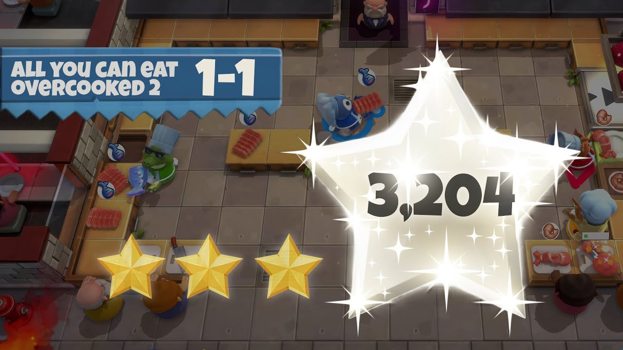 Overcooked 2 | Level 1-1 | HIGHSCORE 4 Players 4 Stars (3,204 Points, All You Can Eat)