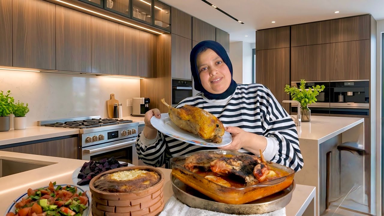 فطار ٩ رمضان 🌙- طريقه عمل البط في الفرن ورز المعمر❤️ 