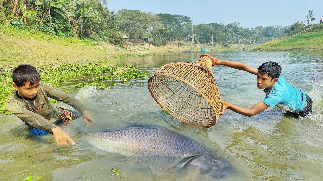 wow! unique polo fishing video - village smart boys catching fish with polo in beautiful river water