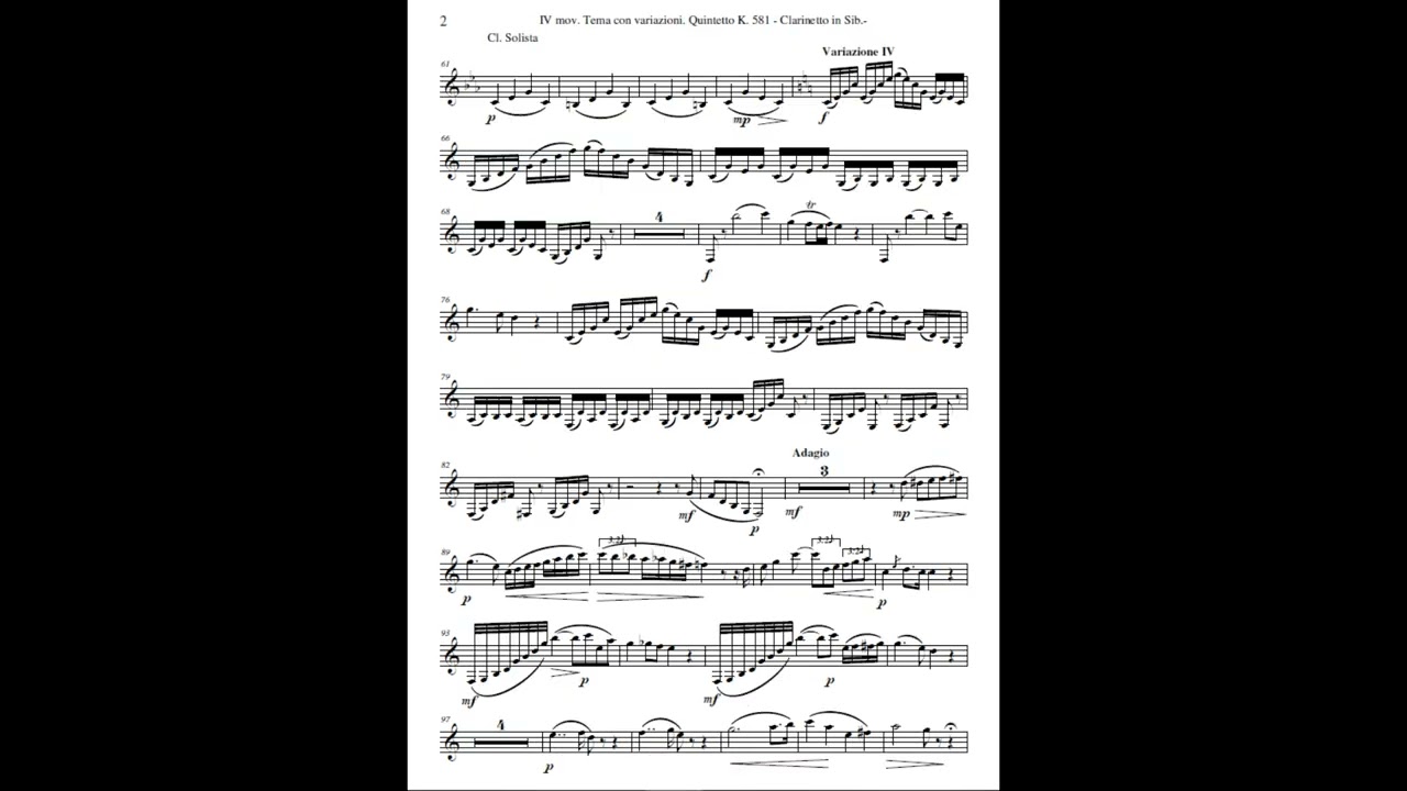 W. A. Mozart: IV. Mov. Tema con variazioni K. 581 in La M. Arr. per Quintetto di Clar. in Sib.