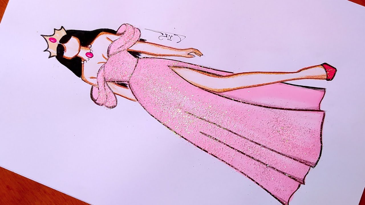 رسم فستان أميرات باللون الوردي جميل سهل جدا بالخطوات | رسم فساتين | تعليم رسم الأزياء