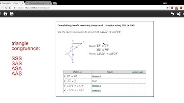 Completing proofs involving congruent triangles using SSS or SAS