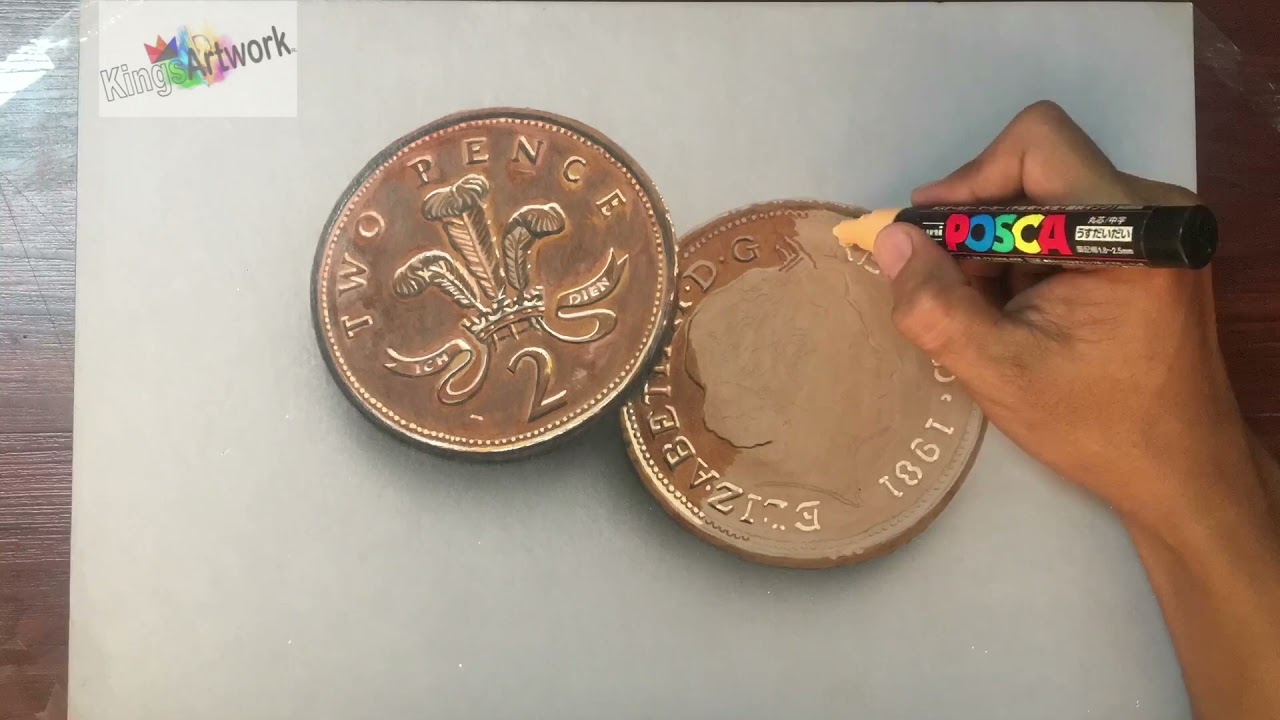 Realistic Drawing of Two Pence coin
