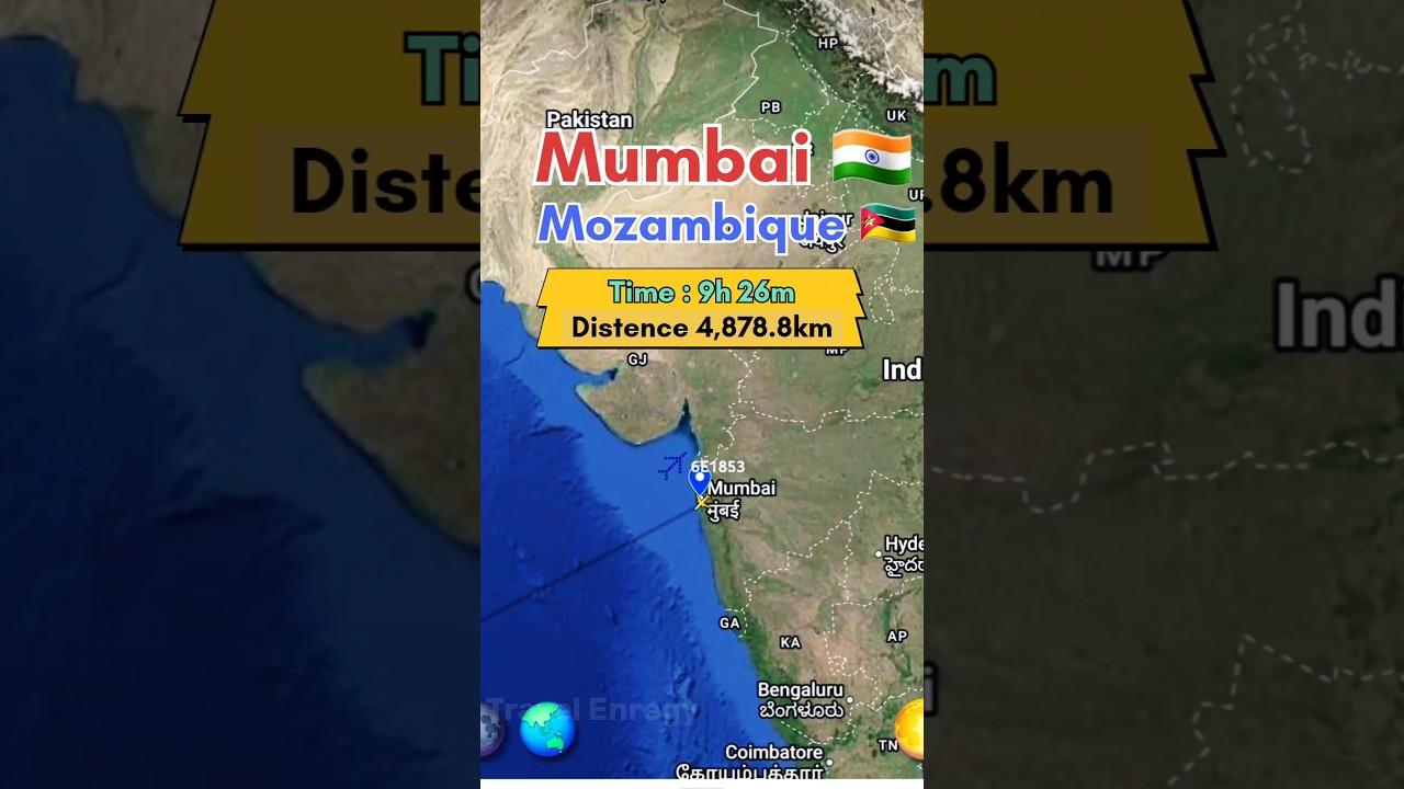 Mumbai 🇮🇳 to Mozambique 🇲🇿 flight Route ✈️ #travel #travelmap #googleearth #flightroute #worldmap