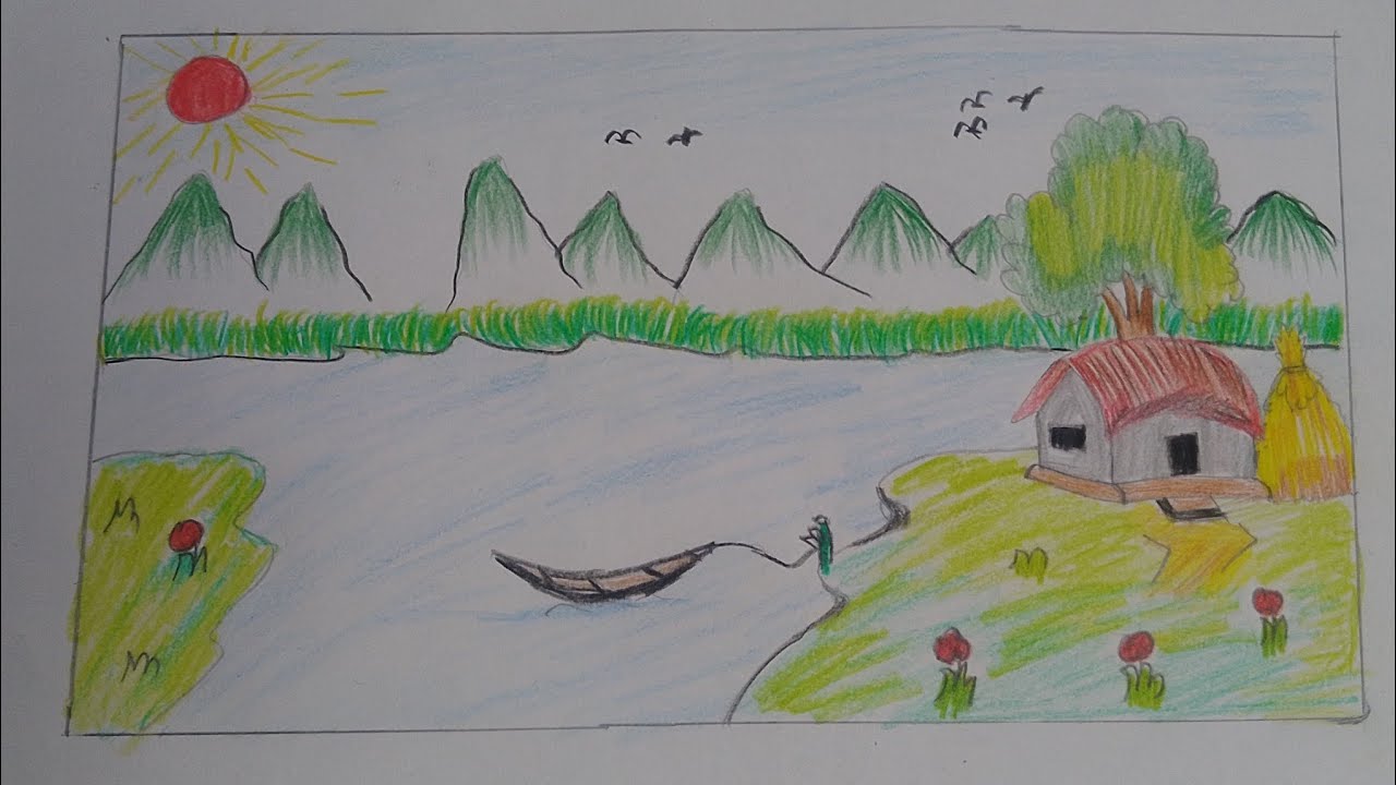 How to draw a village prakritik scene step by step drawing Art video ...