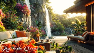 🌥️Fresh Morning Atmosphere at Spring Coffee Porch by the Waterfall with Ethereal Jazz Music to Relax
