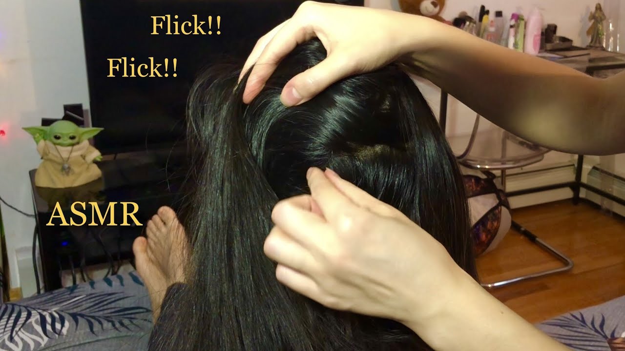 ASMR Scalp Check! Removing Dandruff Specks FLICKING THEM, HEAD BOPS, FINGER FLUTTERS + HAIR SHAKING!