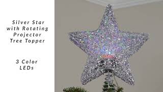 13" Lighted Silver Star with Rotating Projector Christmas Tree Topper | Northlight CT 74-287-107 Details