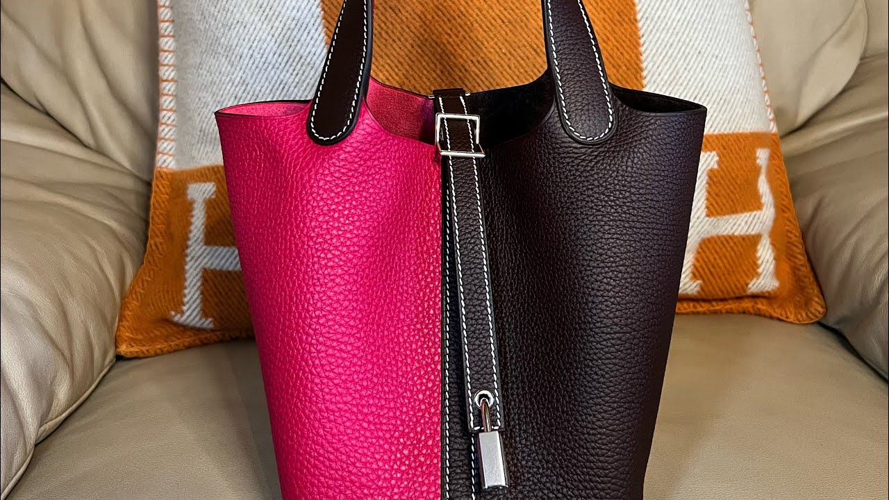 HERMES Picotin 18 in Rouge sellier/Framboise, Clemence leather, PHW. 