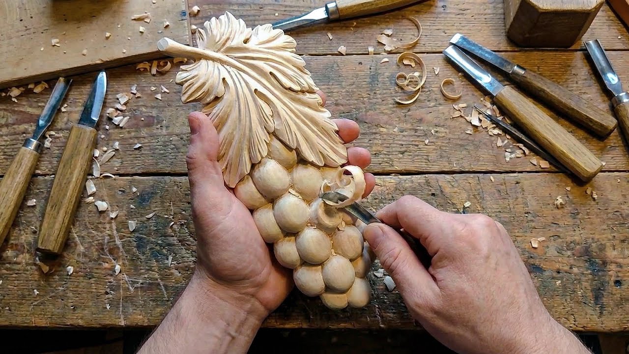 Wood Carving Grapes & Leaf | Silent ASMR Crafting | Step-by-Step Handmade Journey