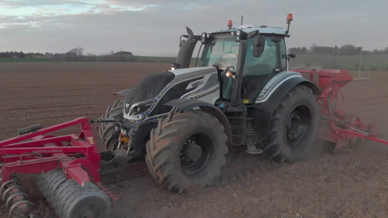 Valtra and Kuhn drill sowing spring barley in Scotland