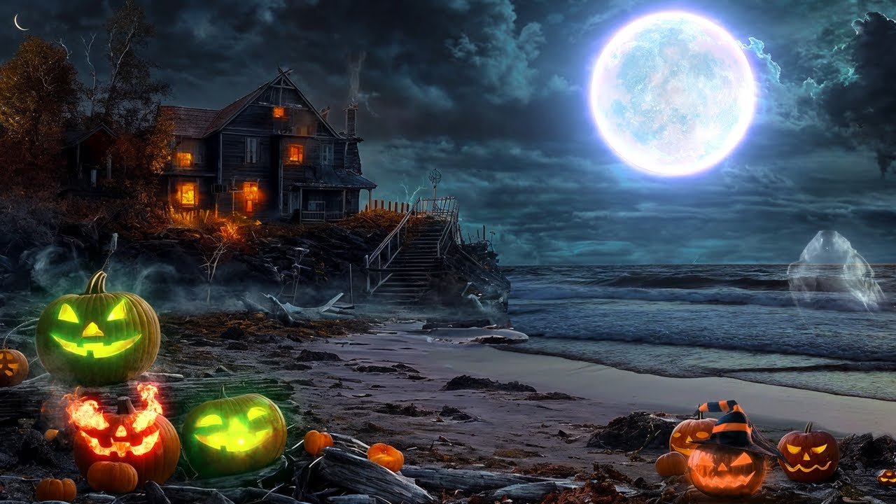 Moonlit Haunted Shore | Spooky Halloween Night on the Ghostly Beach Under a Glowing Full Moon Moonlit Haunted Shore | Spooky Halloween Night on the Ghostly Beach Under a Glowing Full Moon