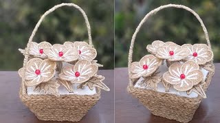 DIY Burlap Flower Basket With Cardboard || Jute Flower & Basket Decoration || Burlap Cardboard Craft