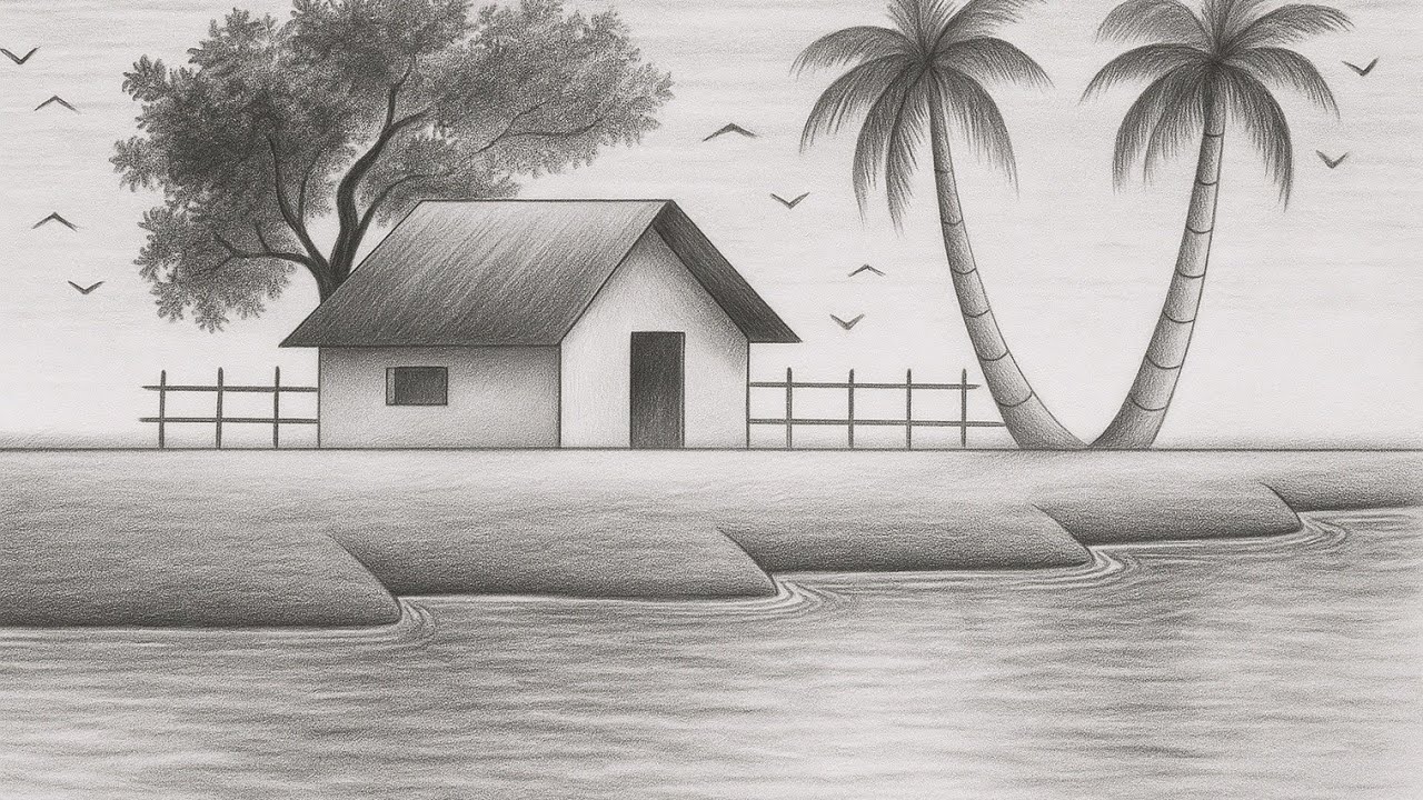 How to draw Nature scenery with pencil | Nature Scenery drawing easy