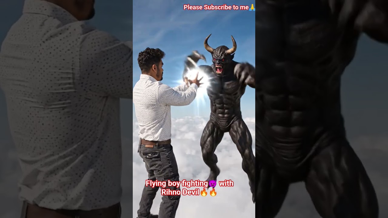 Flying boy fighting with rhino devil 