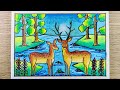Deer scenery drawing | How to draw deer in forest | Deer drawing step by step | Easy deer drawing 
