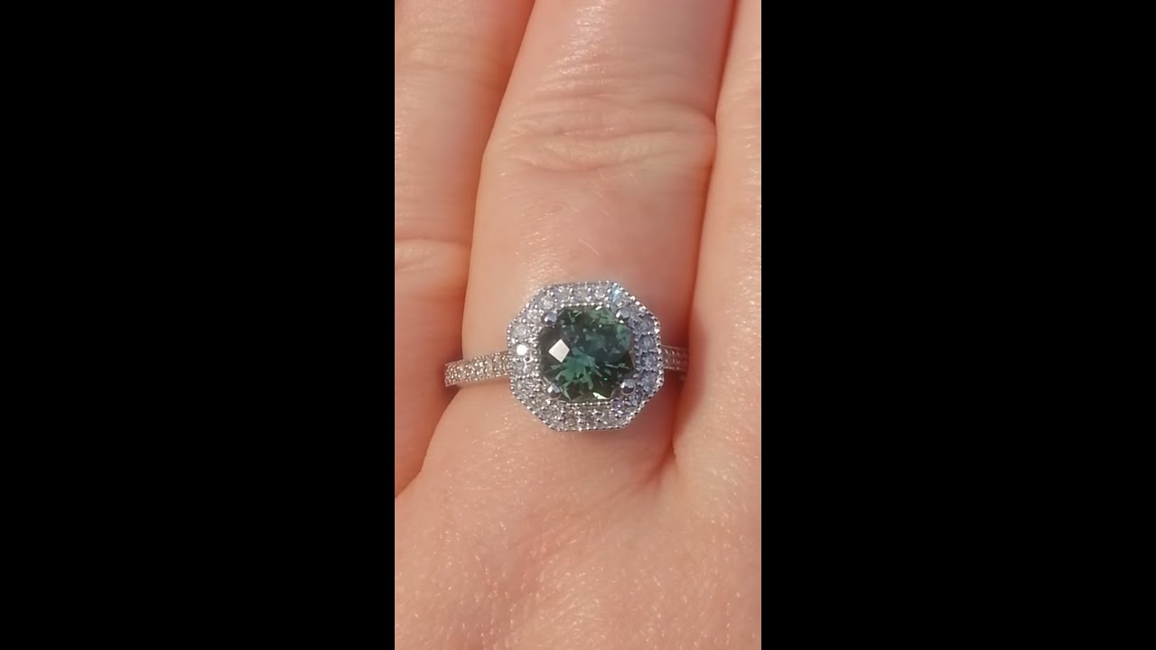 Precision Cut Untreated Green Sapphire In White Gold Milgrain Bezel Diamond Halo Engagement Ring
