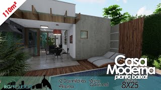 PROJETO DE CASA MODERNA | 110M² | LOTE 8 X 25M | 2 DORMITÓRIOS | PISCINA | ÁREA GOURMET