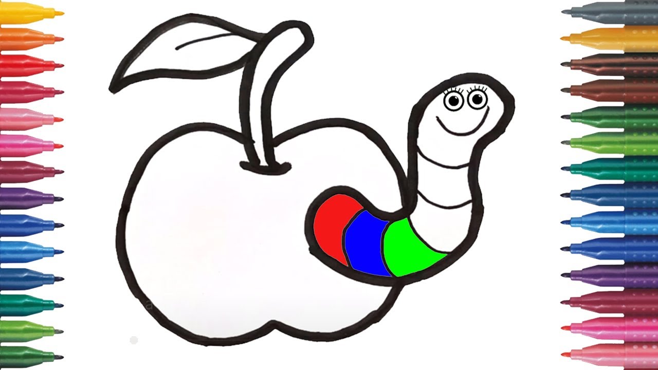 Drawing and Painting Apple with Worm  Easy Drawing and Painting for KIDS 