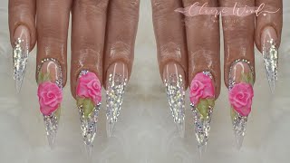 How To Do Acrylic Nails | Glitterbels Acrylic | Summer Nails | 3d Rose Nail Art | Glitter Nails