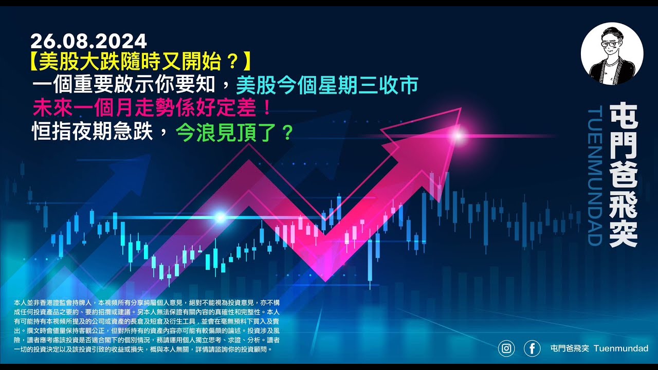 2024年8月26日 【美股大跌隨時又開始？】一個重要啟示你要知，美股今個星期三收市就知未來一個月走勢係好定差！恒指夜期急跌，今浪見頂了？