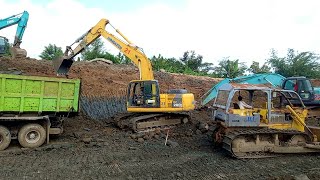 heavy equipment cut and fill, dump truck hino 500, truk excavator, excavator loading truck, buldozer