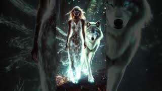 A Snow Elf and her glowing wolf protector stride through magic and light.  #snowelf #magicwolf #wolf
