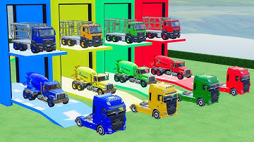 Garage of Colors - TRANSPORTING FREIGHTLINER MIXER TRUCK WITH DOUBLE FLATBED TRAILER, DAF, MAN.