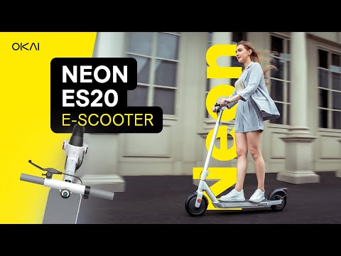 Електросамокат складаний OKAI ES20 NEON White 300/600W 9.8Ah швидкість 25 км/год до 40 км NFC App колеса 8.5" навантаження 100 кг, видео 2