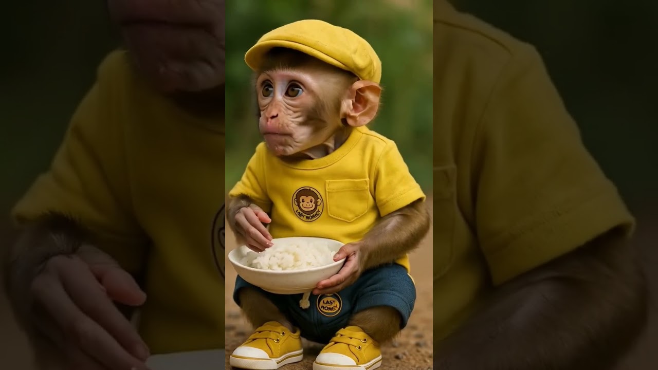 baby Monkey is eating rice 🍚 