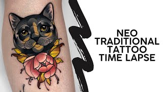 Tattoo Time lapse Cat and Peony Neotraditional Newschool